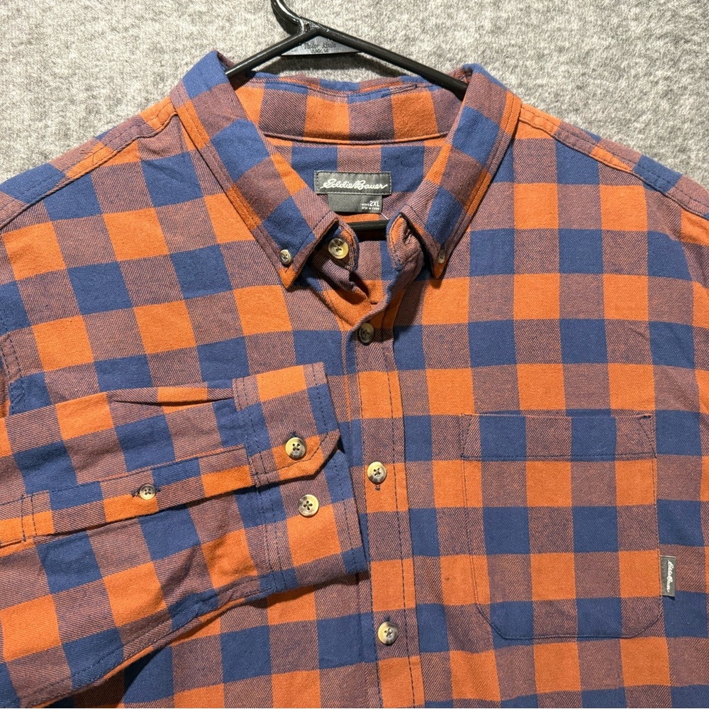 Eddie Bauer Flannel Shirt Mens 2XL blue orange checkered plaid soft button up